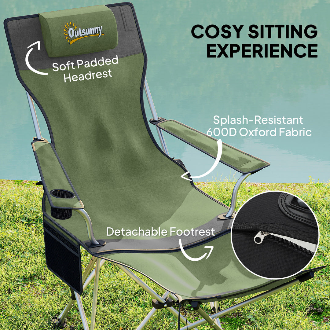 Set of 2 Reclining Folding Camping Chair w/ Detachable Footrest, Storage Bag, Cup Holder & Headrest, Lightweight Portable Camp Chair for Beach, Picnic, Olive Green and Grey
