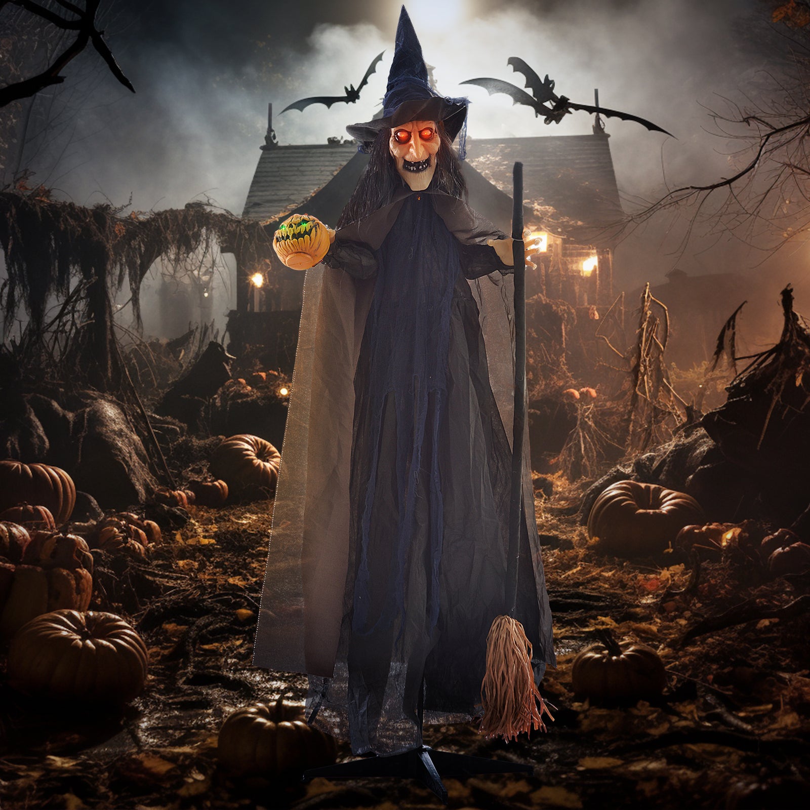 6'2" Witch with Broomstick Halloween Animatronic, with Glowing Eyes