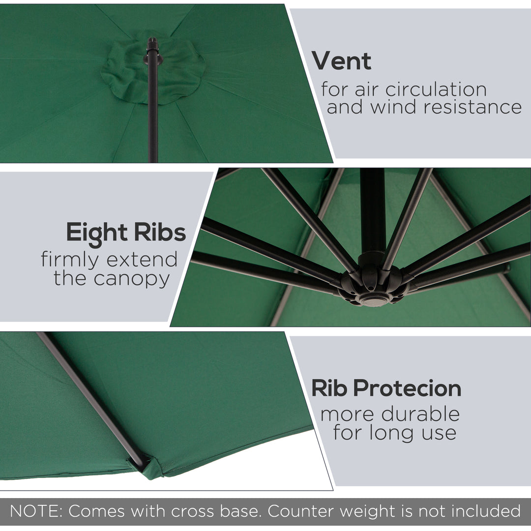 3(m) Banana Parasol Hanging Cantilever Umbrella with Crank Handle, 8 Ribs and Cross Base for Outdoor, Sun Shade, Dark Green