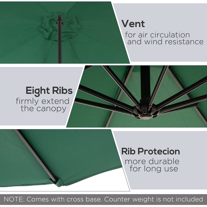 3(m) Banana Parasol Hanging Cantilever Umbrella with Crank Handle, 8 Ribs and Cross Base for Outdoor, Sun Shade, Dark Green