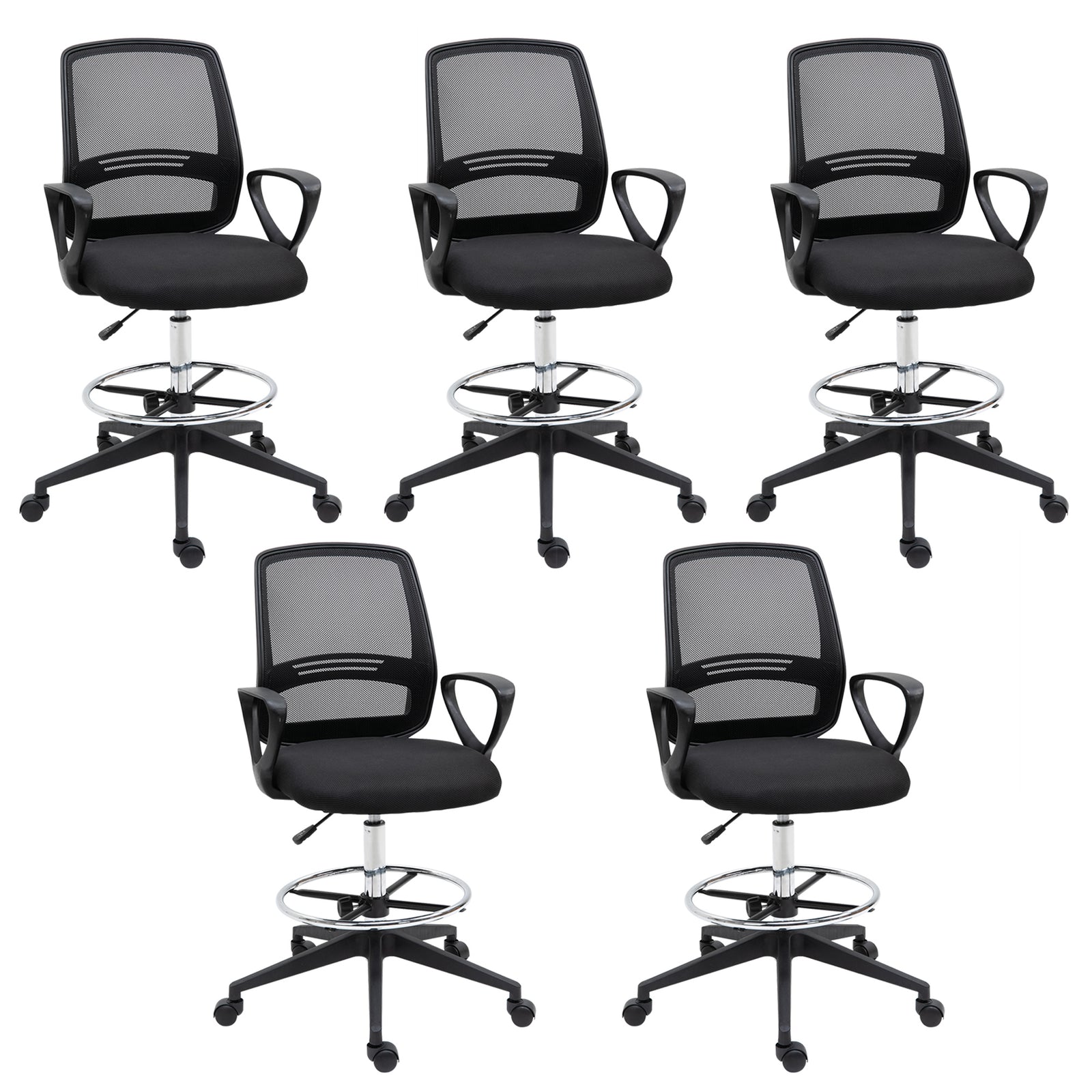 Ergonomic Mesh Back Drafting Chair, Tall Office Chair, Draughtsman Chair with Adjustable Height and Footrest 360° Swivel, Set of 5