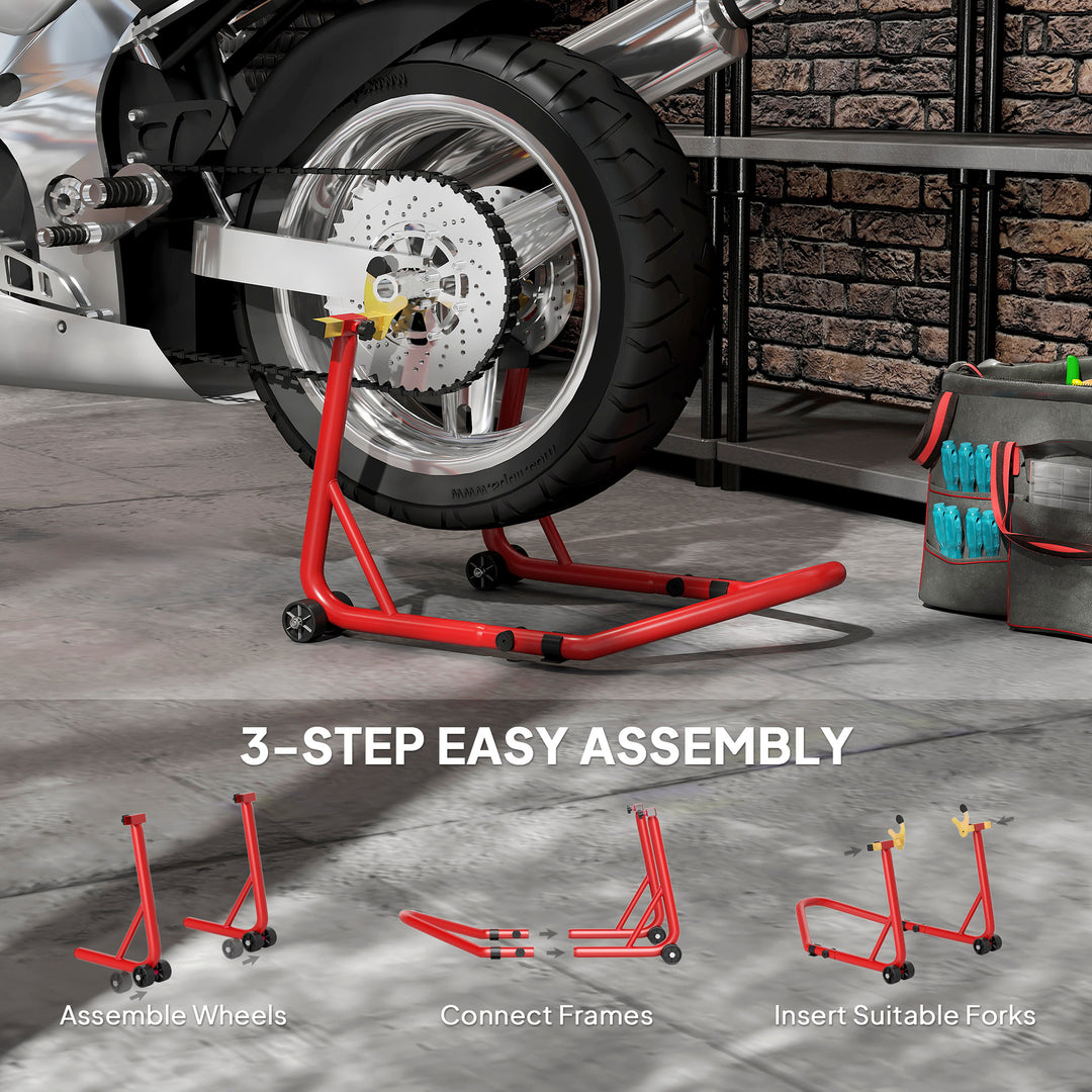 Motorcycle Rear Wheel Stand, 544 kg Capacity Heavy Duty Steel Motorbike Motorcycle Paddock Stand Lift with Adjustable U + L Forks, Wheels, Non-Slip Pads for Workshop Garage Repair, Red