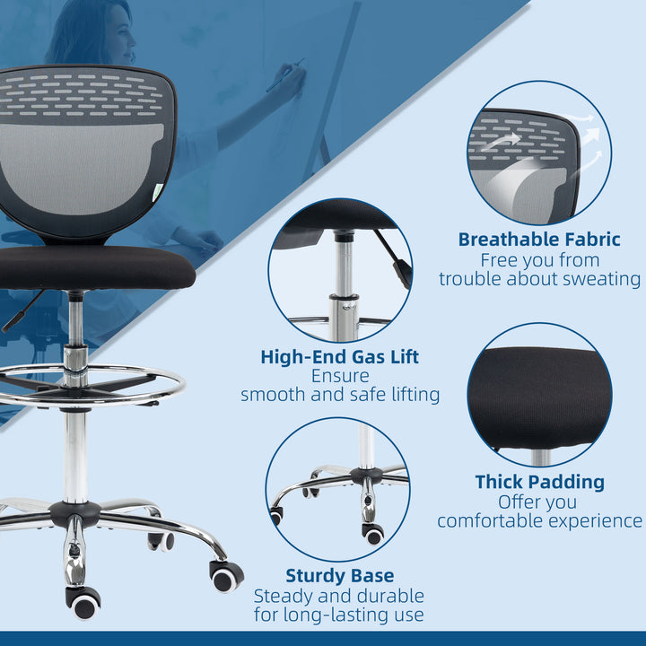 Drafting Chair, Swivel Office Draughtsman Chair, Mesh Standing Desk Chair with Adjustable Foot Ring, Armless, Grey