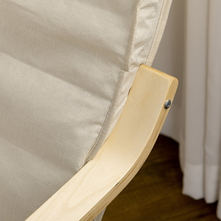 Wooden Armchair, Upholstered Linen Lounge Chair with Adjustable Footrest & Removable Cushion, Poang Chair for Living Room, Cream White