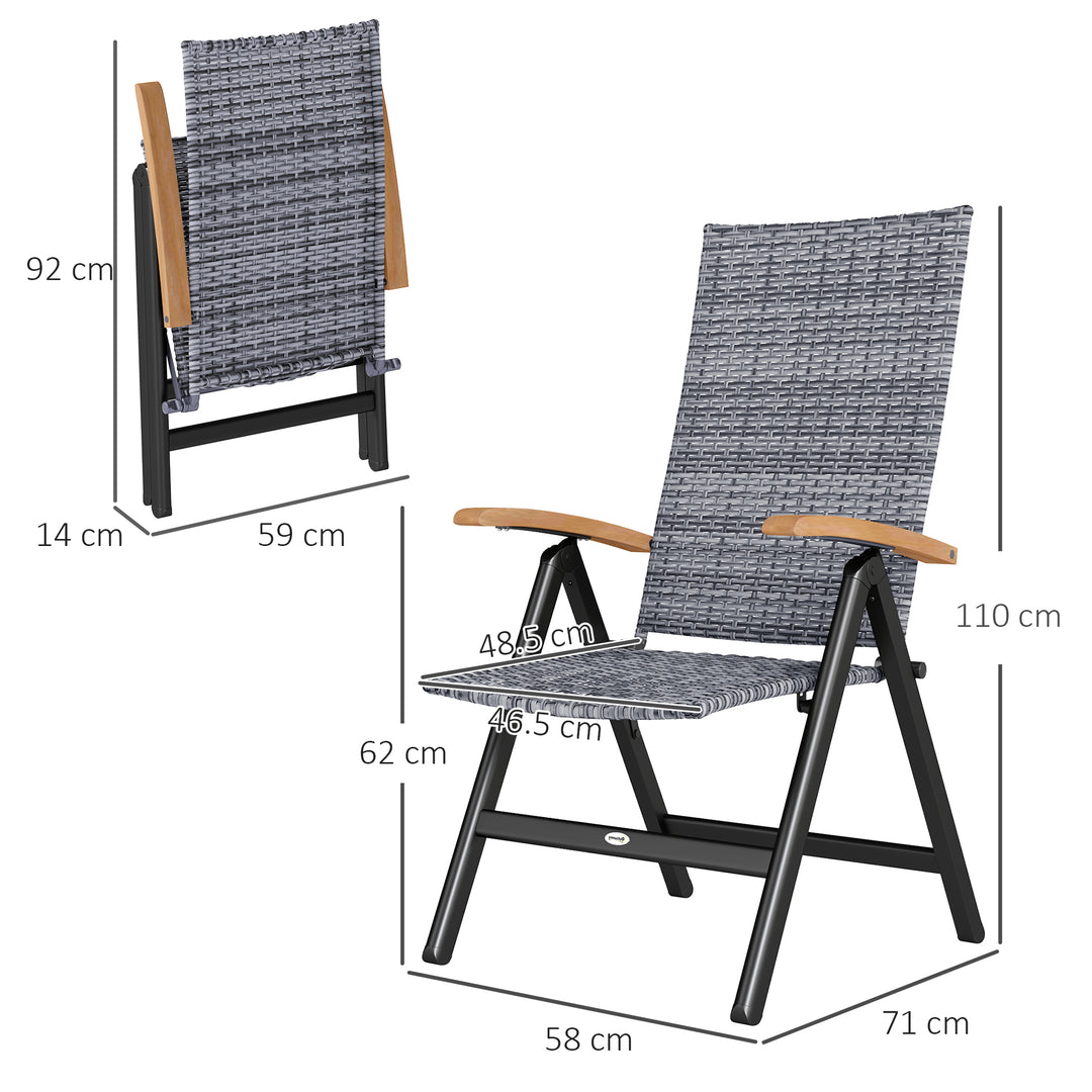 2 Pieces Folding Rattan Garden Dining Chairs with 5-level Reclining High Back, Wood Armrests for Outdoor - Light Grey