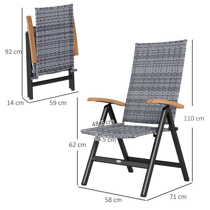 2 Pieces Folding Rattan Garden Dining Chairs with 5-level Reclining High Back, Wood Armrests for Outdoor - Light Grey