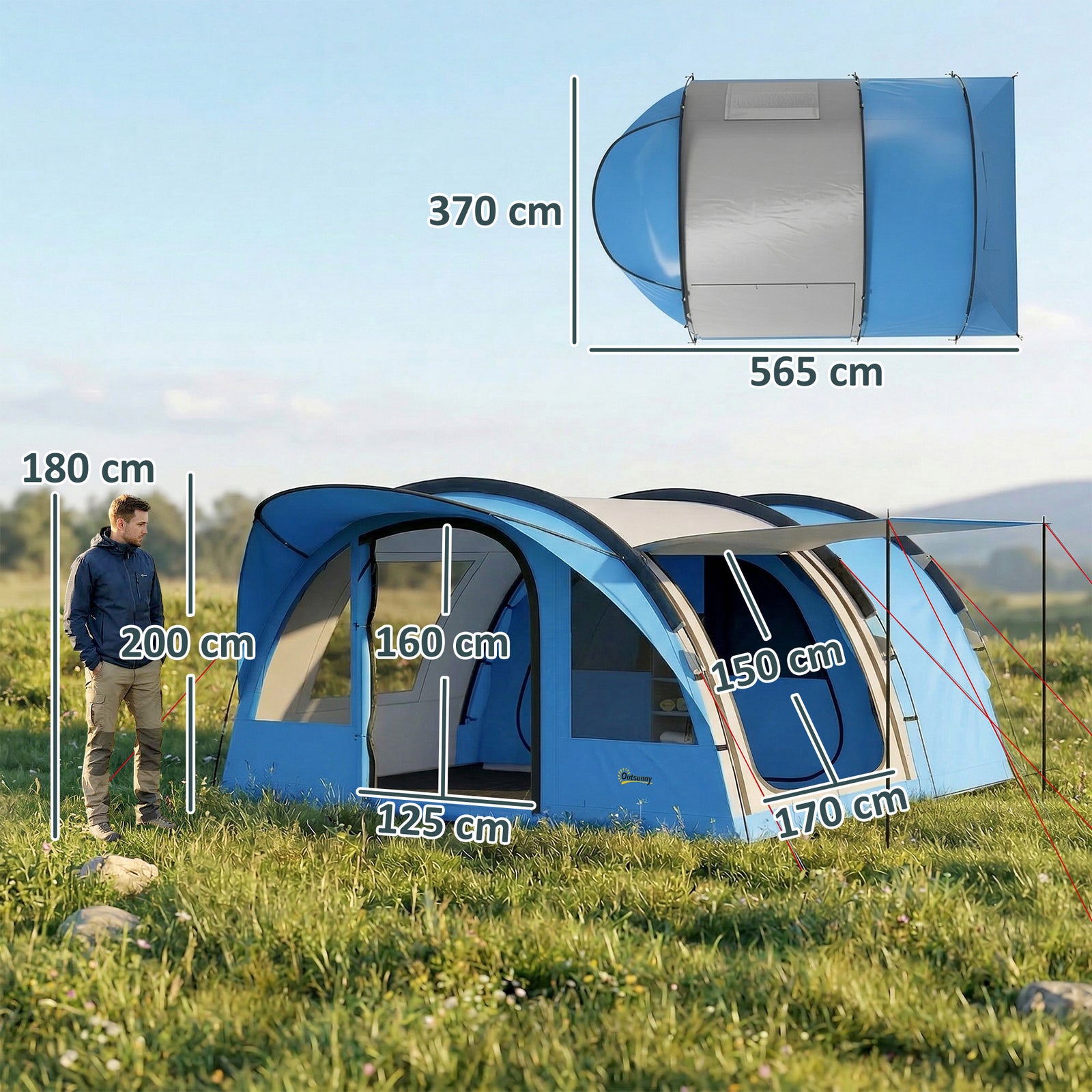 4 Person Easy Setup Family Camping Tent with 2 Rooms, Waterproof Tunne