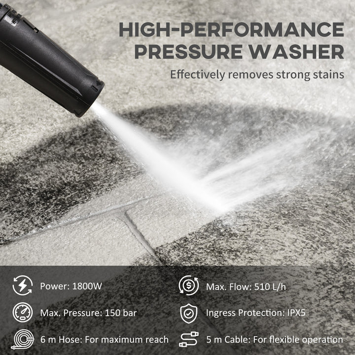 1800W High Pressure Washer, 150 Bar Pressure, 510 L/h Flow, High-Performance Portable Power Washer Jet Wash Cleaner with 6M Hose, Snow Foam Bottle for Garden, Car, Furniture, Yellow