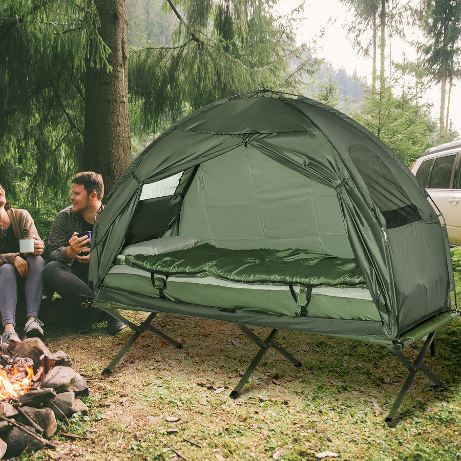 1 person Foldable Camping Tent w/Sleeping Bag Air Mattress Outdoor Hiking Picnic Bed cot w/Foot Pump