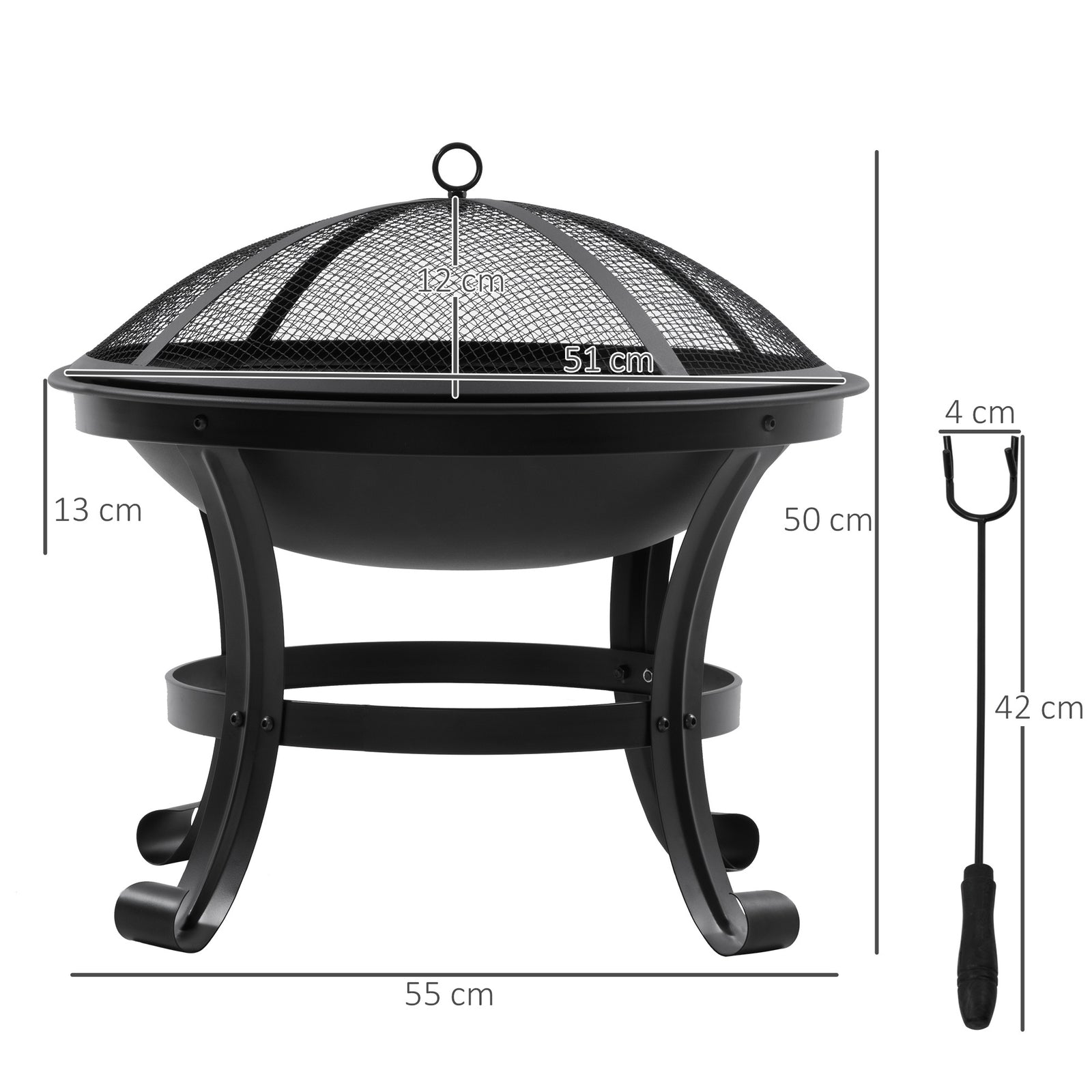 Outdoor Fire Pit, Firepit with Mesh Lid, Poker, for Camping, Bonfire, 