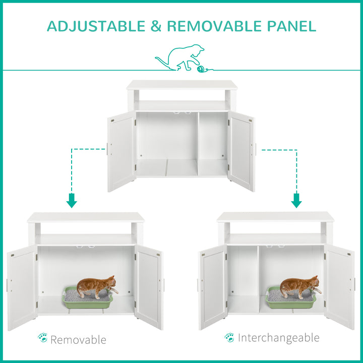 PawHut Wooden Cat Litter Box Enclosure Furniture with Adjustable Interior Wall & Large Tabletop for Nightstand, White | Aosom UK