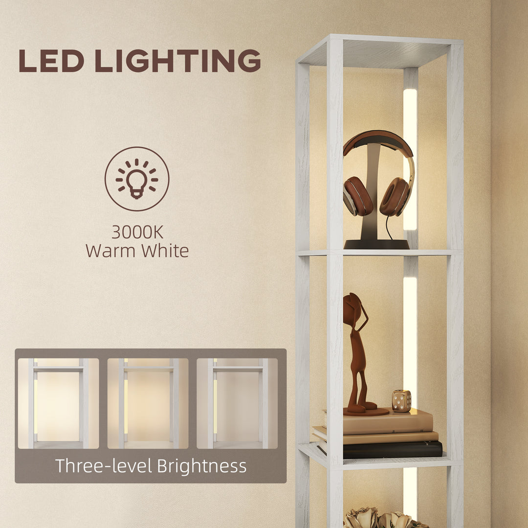 Floor Lamp with Shelves, LED Column Modern Standing Lamp with Fabric Drawer, Adjustable Brightness, Foot Switch for Living Room, Bedroom, Office, White