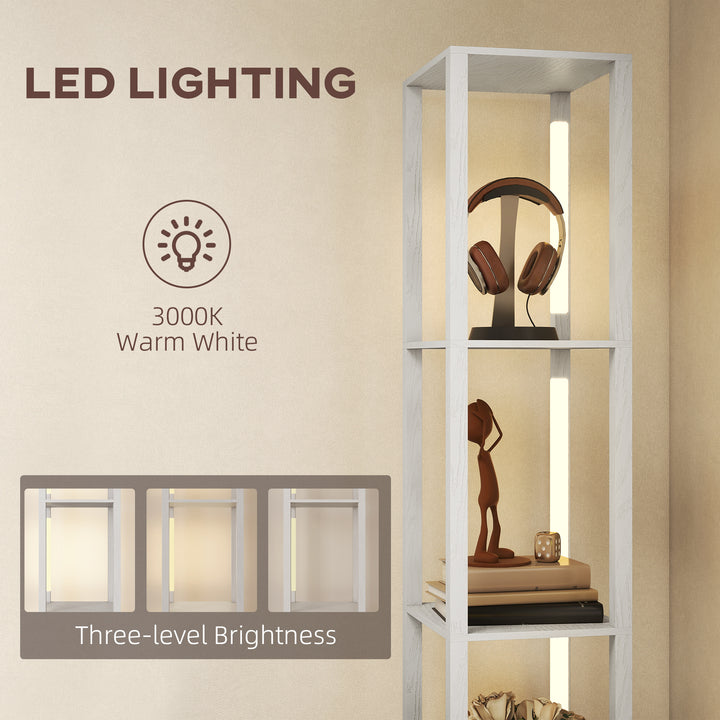Floor Lamp with Shelves, LED Column Modern Standing Lamp with Fabric Drawer, Adjustable Brightness, Foot Switch for Living Room, Bedroom, Office, White