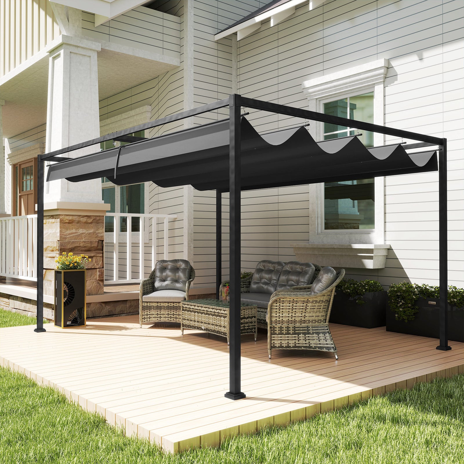 4 x 3m Metal Pergola, with Retractable Canopy Roof - Black