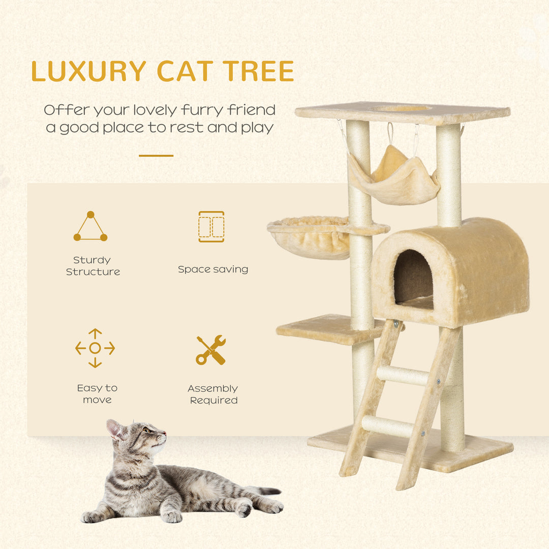 PawHut Cat Tree with Scratching Post, Hammock, Condo, Basket, Ladder Activity Centre for Kittens, 98 cm, Beige | Aosom UK