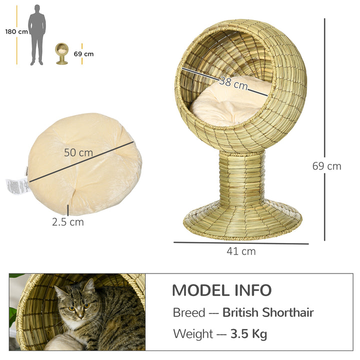 PawHut Cat House Elevated, Natural Mat Grass Bed, Round Kitten Cave with Cushion, Detachable Top, Yellow, 41 x 71.5 cm | Aosom UK