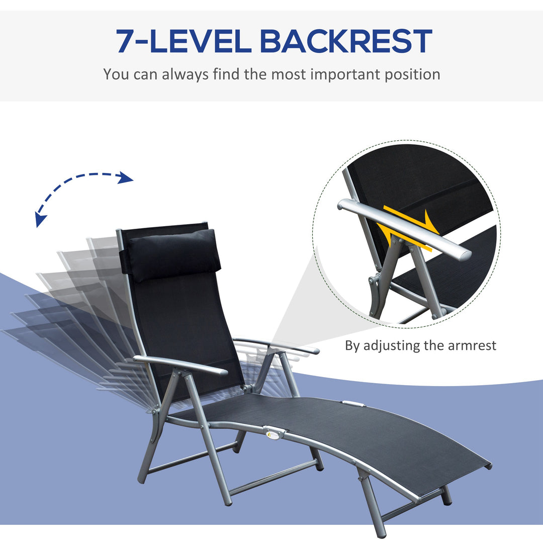 Sun Lounger Steel Frame Outdoor Folding Chaise Texteline Lounge Chair Recliner with Headrest & 7 Levels Adjustable Backrest, Black