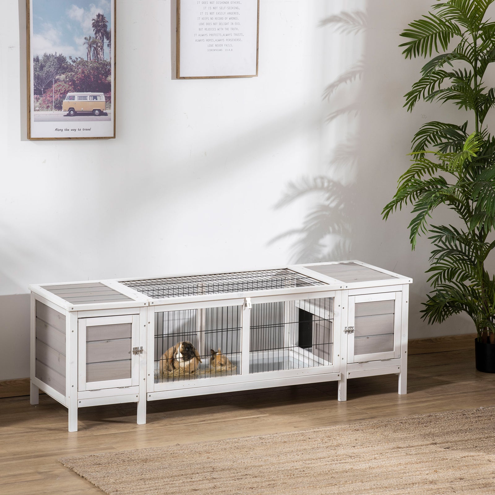 Rabbit Hutch and Run, with Removable Tray - Grey