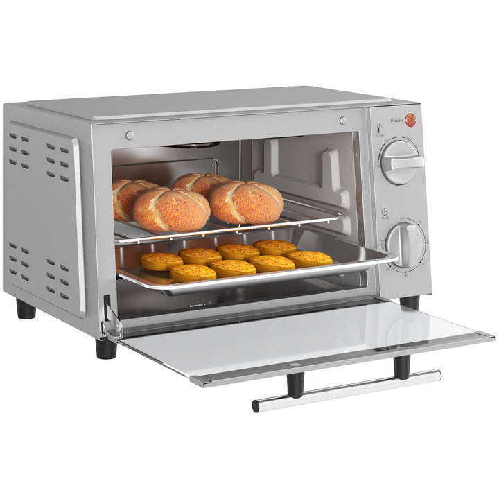 HOMCOM Mini Oven, 9L Countertop Electric Grill, Toaster Oven with Adjustable Temperature, Timer, Baking Tray and Wire Rack, 750W, Silver | Aosom UK