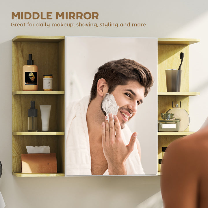 Bathroom Mirror Cabinet with Open Storage Shelves - Natural Wood Finish