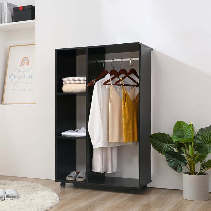 HOMCOM Mobile Open Wardrobe, Bedroom Clothes Storage with Hanging Rail and Shelves, on Wheels, Black | Aosom UK