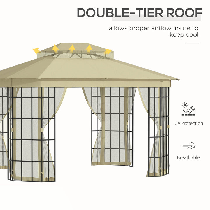 3.7 x 3(m) Patio Gazebo Canopy Garden Tent Shelter with 2 Tiers Roof and Mosquito Netting, Metal Frame, Beige