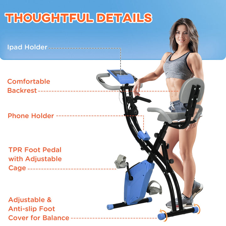 MCL 2-in-1 Folding Exercise Bike with 8-Level Magnetic Resistance, Arm Resistance Band, Pulse Sensor, Blue
