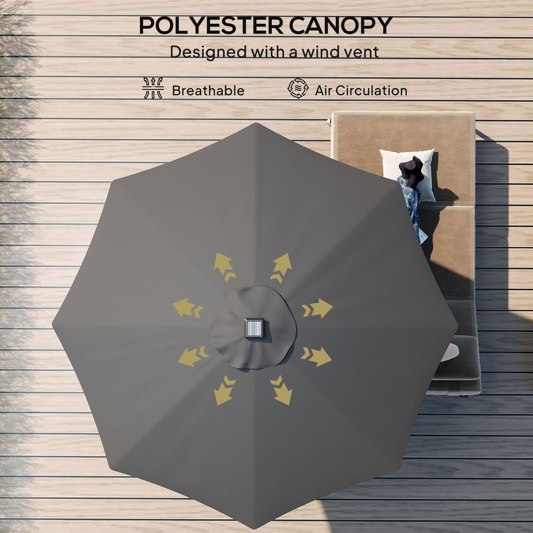 Φ2.7m Garden Parasol Solar Outdoor Tilt Sun Umbrella Patio Sun Shade w/ 24 LED Light, Hand Crank and 8 Ribs, Black