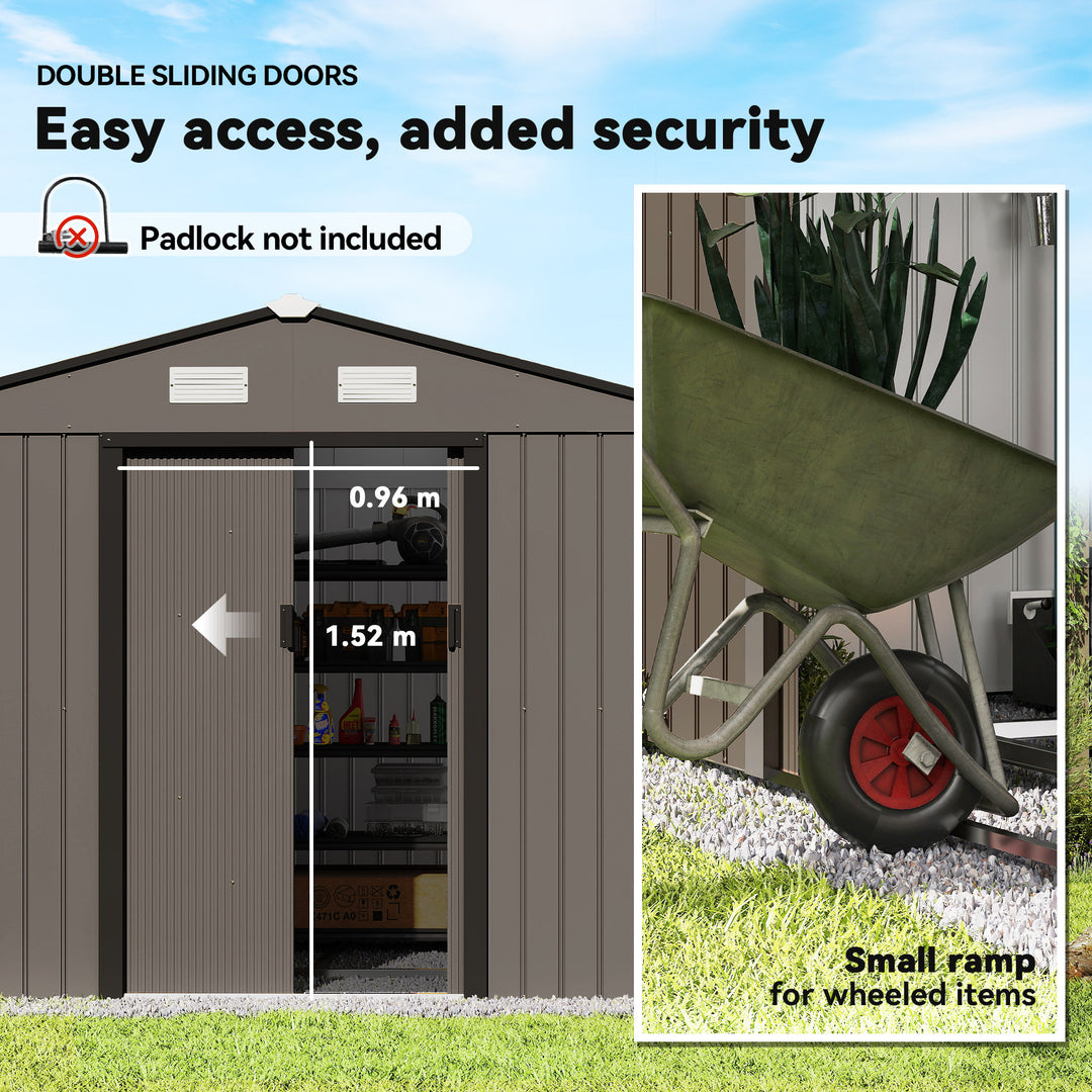 9 x 6ft Metal Garden Shed, Outdoor Storage Tool House with Ventilation Slots, Foundation Kit and Lockable Double Doors, Brown