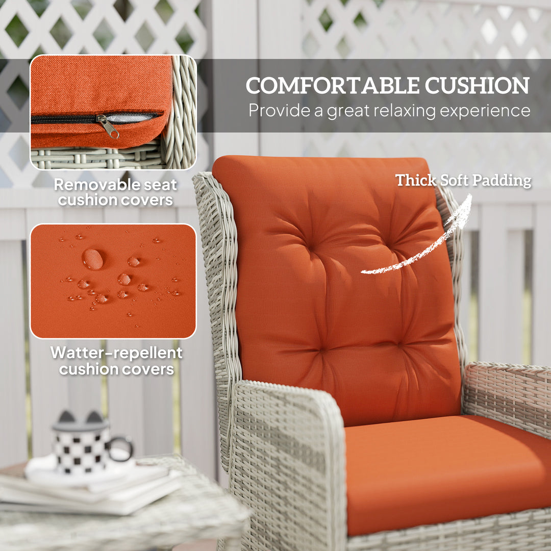 5 Pieces Rattan Bistro Set with Adjustable Back, Reclining Wicker Balcony Furniture with Cushions, Glass Top Coffee Table and Footstools, Outdoor Table and Chairs, Orange