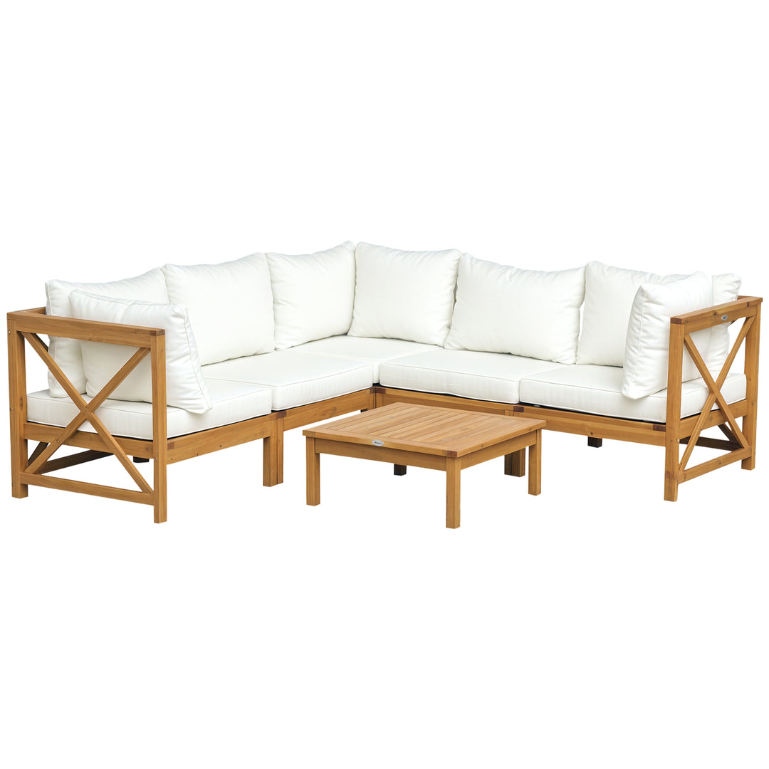 MCL 6 PCS Elegant Wood Frame Outdoor Patio Dining Set w/ Cushions Coffee Table Garden Furniture Sofa Comfort Balcony Patio Cream White