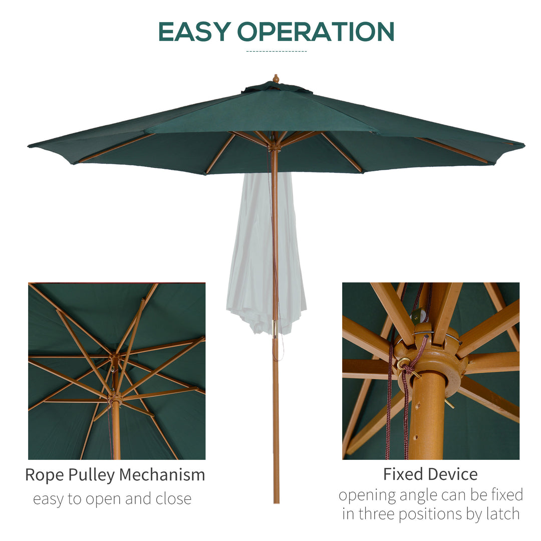 3(m) Wooden Patio Umbrella, Pulley Operated Garden Parasol with Rope Pulley Mechanism and 8 Ribs, Dark Green