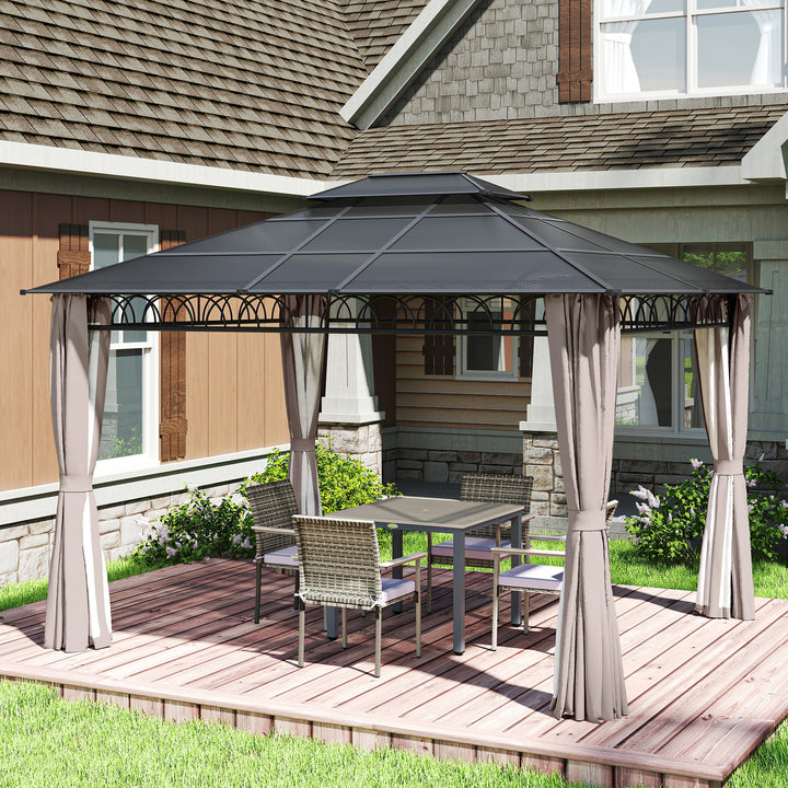 3.6 x 3 (m) Outdoor Polycarbonate Gazebo, Double Roof Hard Top Gazebo with Nettings & Curtains for Garden, Lawn, Patio
