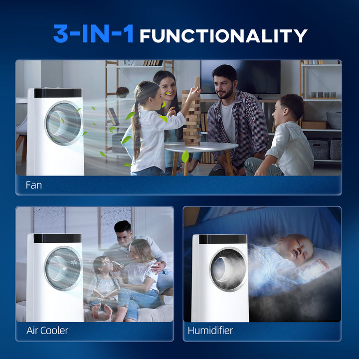 Evaporative Air Cooler, 6.5L 4-in-1 Bladeless Portable Cooler, Fan, Humidifier, Air Clean Anion with Oscillation, 6 Speeds, 24H Timer, Sleep Mode, 2 Ice Packs, Wheels, Remote, for Home Office