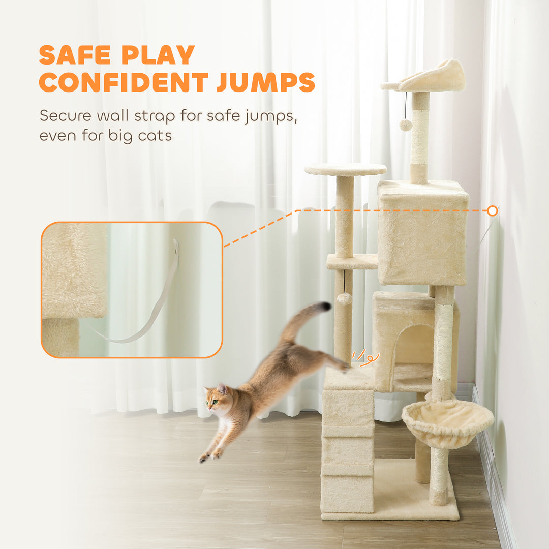 160cm Large Cat Tree Tower with Sisal Scratching Posts, Condos, Plush 