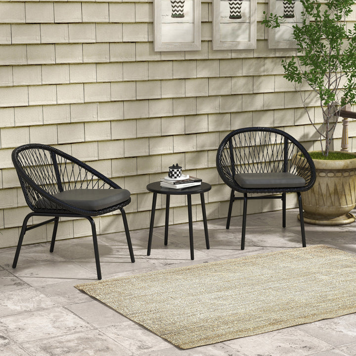 Outsunny 3 Piece Garden Furniture Set with Cushions, Round PE Rattan Bistro Set w/ 2 Armchairs & Metal Plate Coffee Table