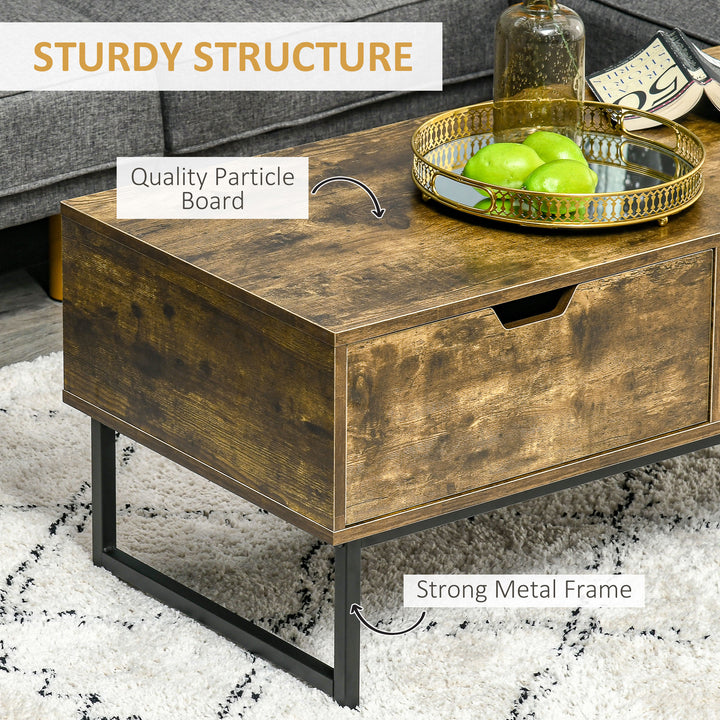Industrial Coffee Table, Centre Table with Storage Shelf, Drawer and Metal Frame, Coffee Tables for Living Room, Office, 106W x 48D x 43H cm, Rustic Brown