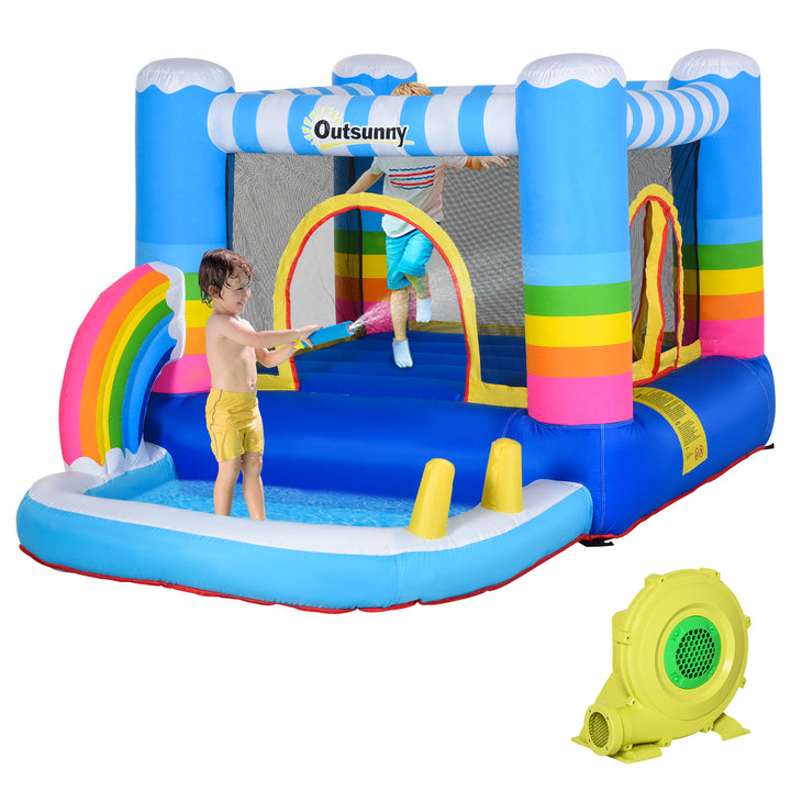 Outsunny Kids Bouncy Castle House Inflatable Trampoline Water Pool 2 in 1 with Blower for Kids Age 3-12 Rainbow Design 2.9 x 2 x 1.55m