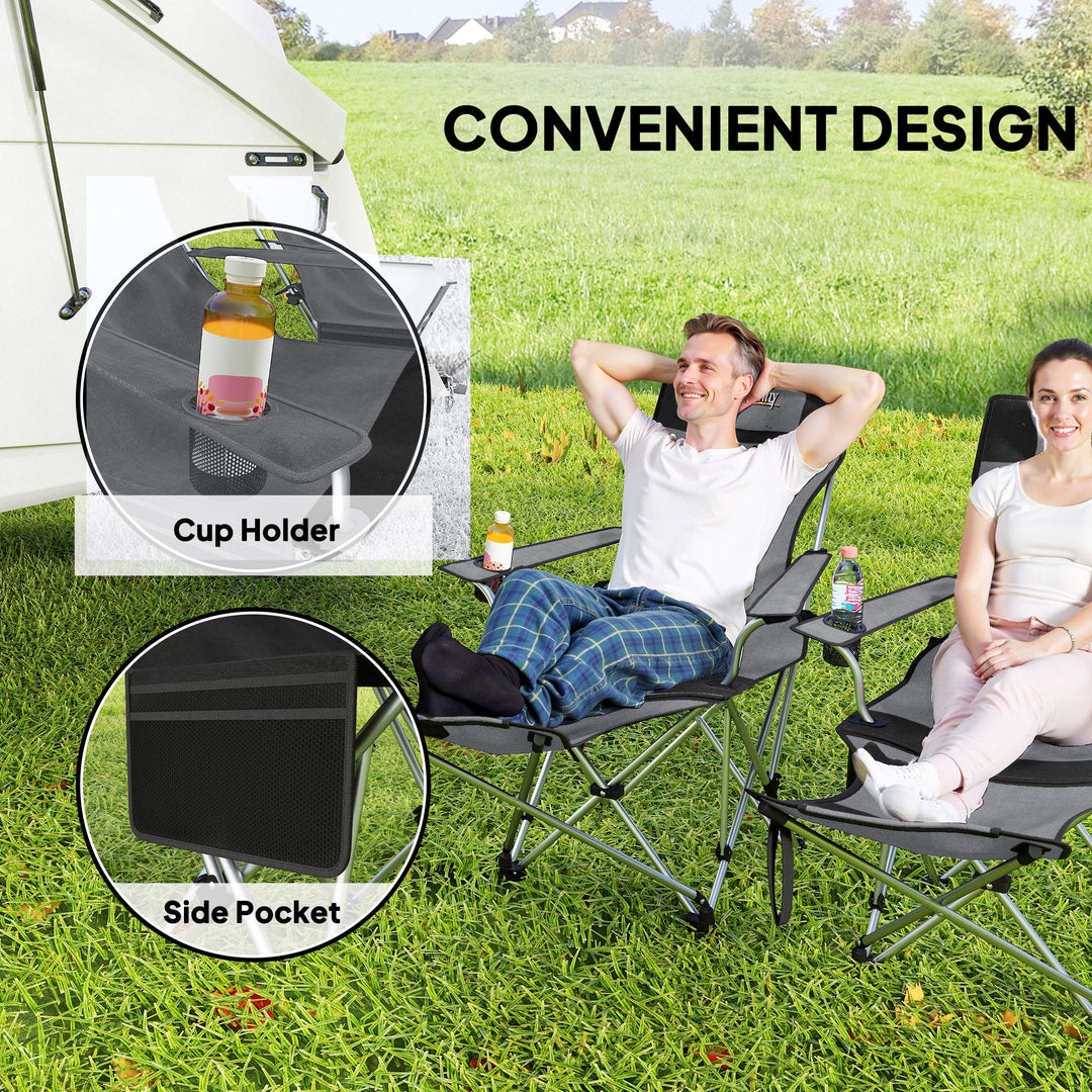 Set of 2 Reclining Folding Camping Chair w/ Detachable Footrest, Storage Bag, Cup Holder & Headrest, Lightweight Portable Camp Chair for Beach, Picnic, Grey and Black