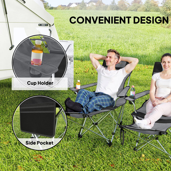 Set of 2 Reclining Folding Camping Chair w/ Detachable Footrest, Storage Bag, Cup Holder & Headrest, Lightweight Portable Camp Chair for Beach, Picnic, Grey and Black