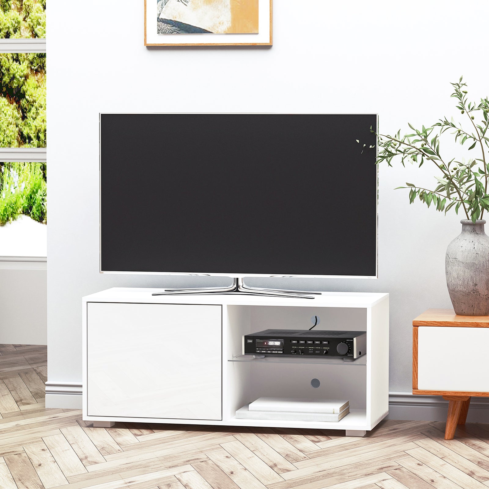 High Gloss TV Stand Storage Cabinet with 2 Shelves for Living Room Home Furniture White