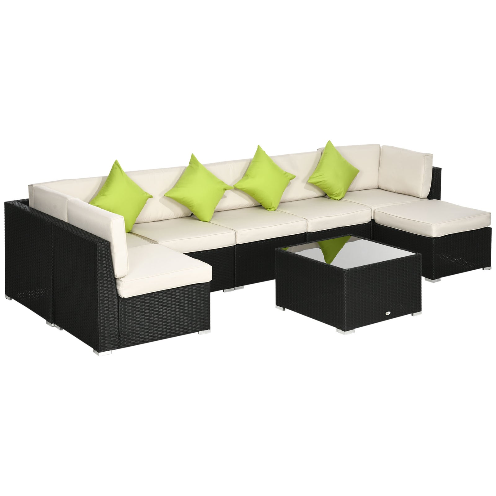 8 Pieces PE Rattan Corner Sofa Set, Outdoor Garden Furniture Set, Patio Wicker Sofa Seater w/ Cushion, Washable Cushion Cover & Tempered Glass Table, Black