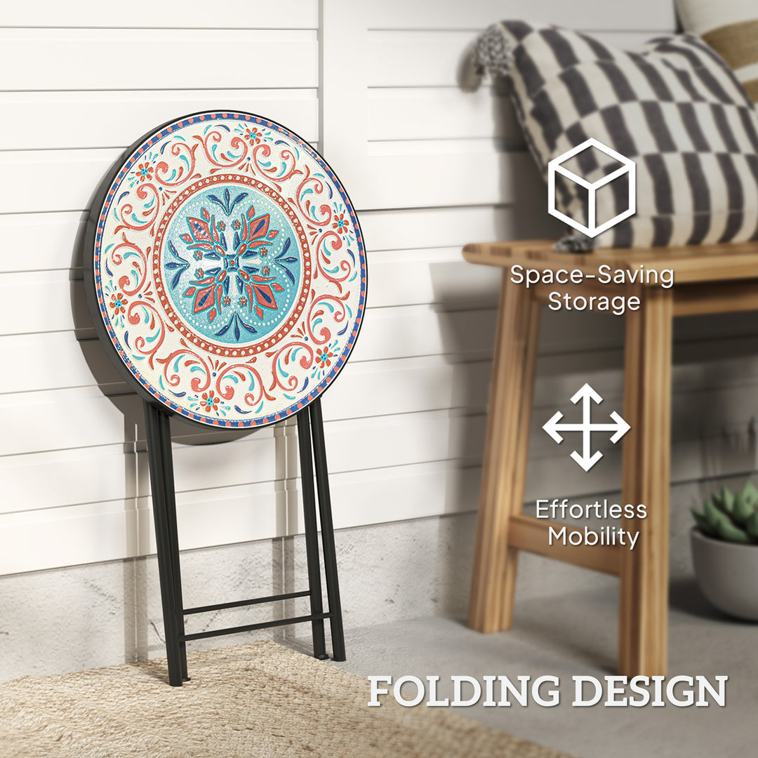 Mosaic Outdoor Garden Table, 35.5cm Round Folding Coffee Table with Metal Frame for Balcony Terrace, Multicolour
