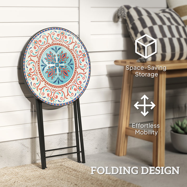 Mosaic Outdoor Garden Table, 35.5cm Round Folding Coffee Table with Metal Frame for Balcony Terrace, Multicolour