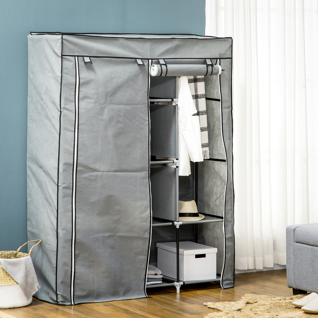 Fabric Wardrobe, with Rails and Shelves - Light Grey