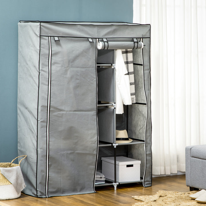 Fabric Wardrobe, with Rails and Shelves - Light Grey