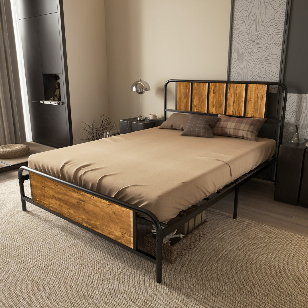 4.8ft Double Bed Frame with Industrial Wood Headboard, Steel Slat Support and 25.5cm Underbed Storage Space, 145 x 199cm, Rustic Brown