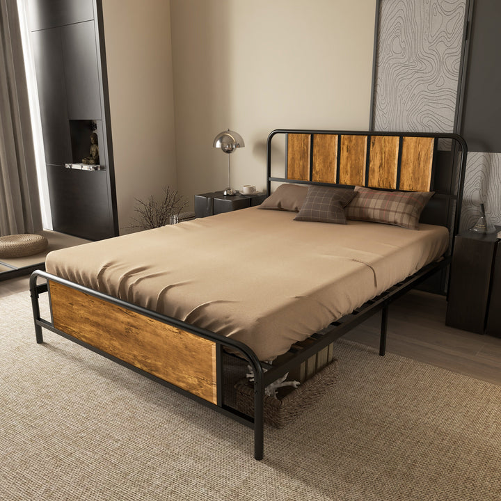 4.8ft Double Bed Frame with Industrial Wood Headboard, Steel Slat Support and 25.5cm Underbed Storage Space, 145 x 199cm, Rustic Brown