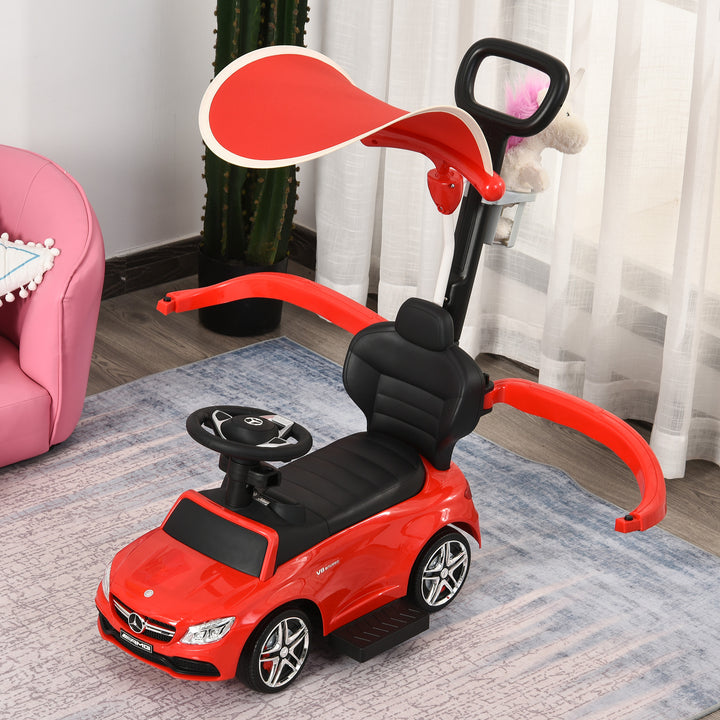 HOMCOM 3 in 1 Ride On Push Along Car Mercedes Benz for Toddlers Stroller Sliding Walking Car with Sun Canopy Horn Safety Bar Cup Holder Ride on Toy