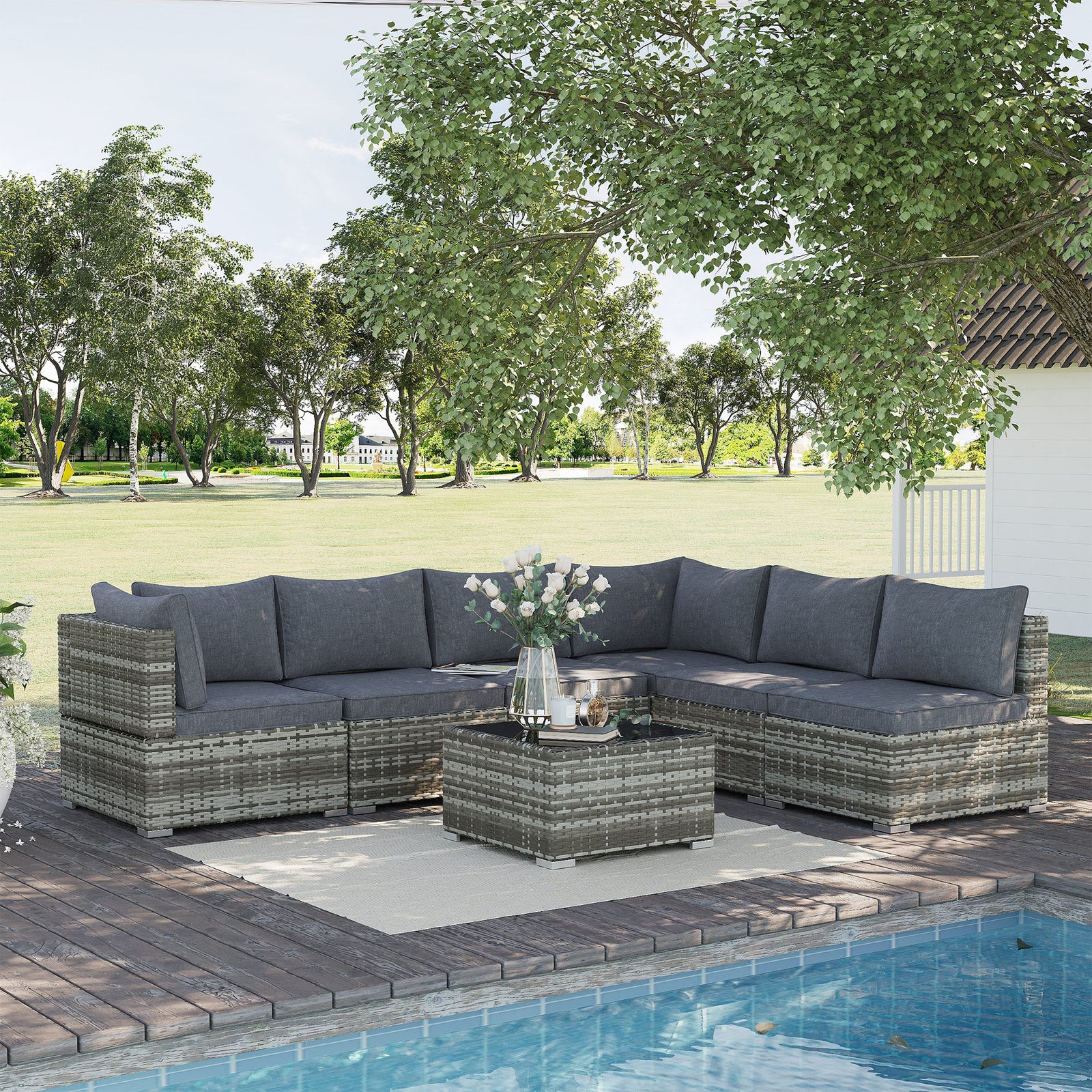 7 Pieces Outdoor PE Rattan Corner Sofa Set, Patio Wicker Conversation Chaise Lounge Furniture w/ Tempered Glass Table-top & Soft Padded Cushion for Garden, Backyard, Lawn, Dark Grey